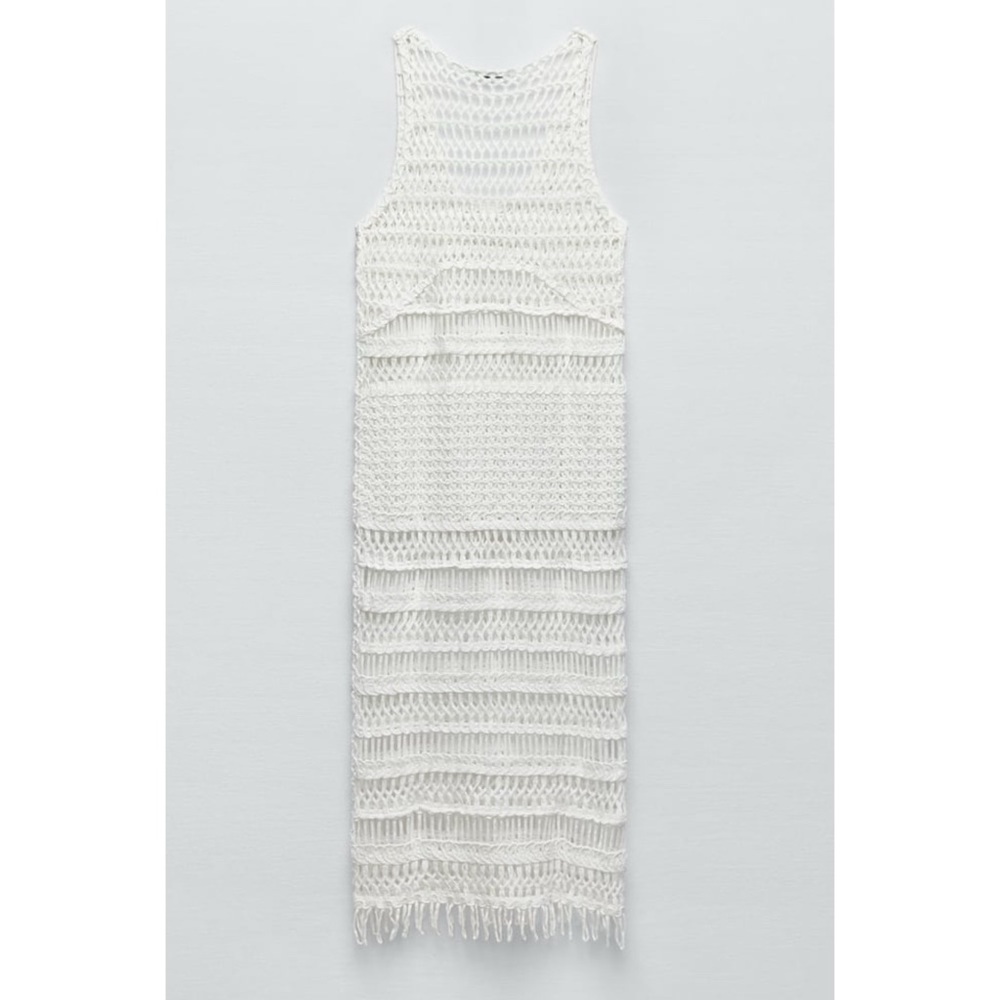 NWT Zara Crochet White Fringe Cover Up Maxi Slip Dress Large​​​​ - Picture 8 of 12